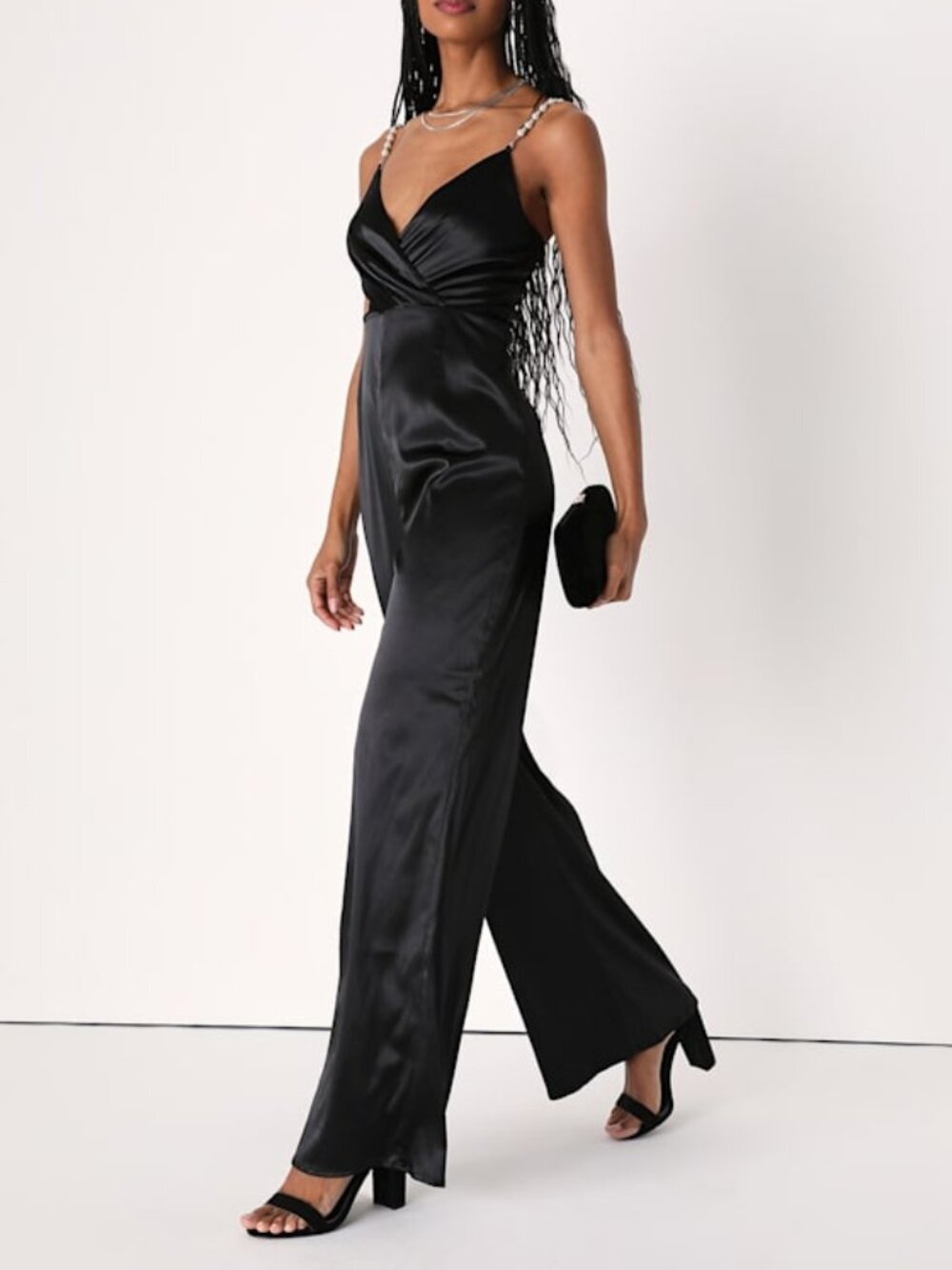 Lulus Sultry Show-off Black Satin Pearl Strap Surplice Jumpsuit - Size XS